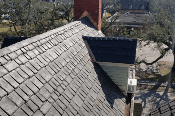 Close up of a synthetic slate roof in a residential area
